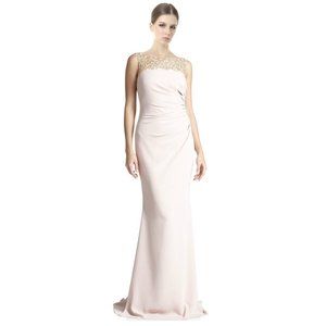 Badgley Mischka Beaded Yoke Ruched Column Gown